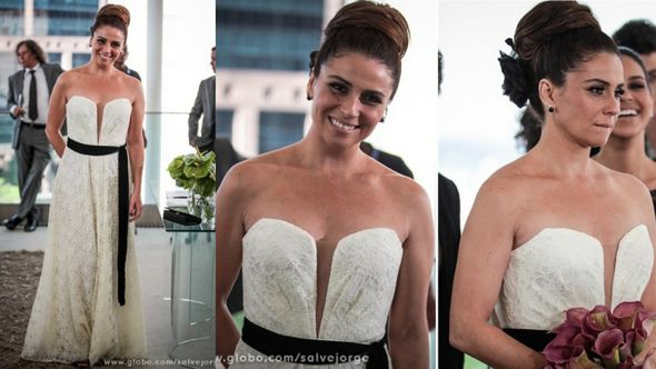 Giovana Antonelli e seu vestido de noiva com faixa preta. Crédito: Globo / Divulgação
