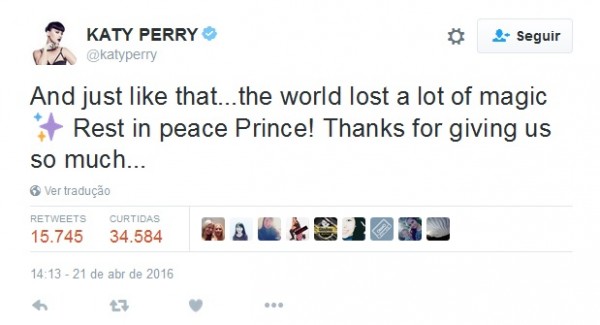 "O mundo perdeu um monte de mágica" disse Katy Perry - Crédito: Reprodução/Twitter
