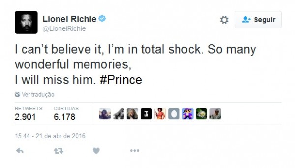 Lionel Richie escreveu que estava "completamente em choque" - Crédito: Reprodução/Twitter