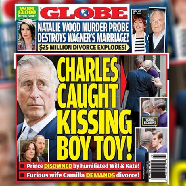 A capa do tabloide mostra uma foto que seria do príncipe beijando um rapaz - Crédito: Reprodução/Globe