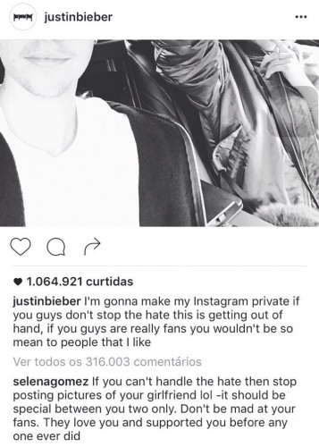 Justin e Selena trocaram farpas pelo Instagram - Crédito: Reprodução/Instagram