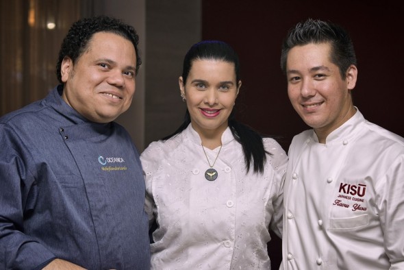  O chef Kaoru Yusa, do restaurante Kisu Cuisine, o chef Leandro Ricardo e a chocolatier Anna Corinna.