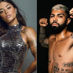 Gabigol e Aline Riscado chegam juntos ao camarote da Beija-Flor